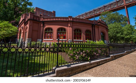 Saint Louis, MO—Jul 3, 2021; outside view of the red brick Clydesdale barn at Anheuser-Busch brewery that is on list of National Historic Registry due to cultural and architectural significance  