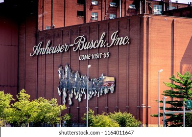 Saint Louis, MO—Aug 4, 2018; sign on brick wall marks the Anheuser Busch brewery. The facility produces beer brands such as Budweiser and is home to the iconic Clydesdale horse team.