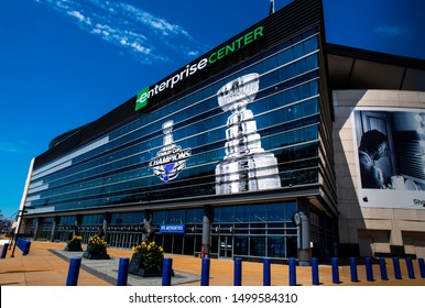 Saint Louis, MO—Sept 7, 2019; Graphics Depicting The Stanley Cup And 2019 NHL Championship Cover The Front Of The Enterprise Center, Home Of The St Louis Blues Professional Hockey Team.