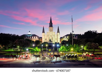 Saint Louis Cathedral And Jackson Square In New Orleans, Louisiana, United States At Sunset