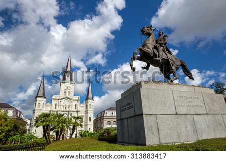Saint Louis Cathedral and statue of Andrew Jackson at the Jackson Square New Orleans 