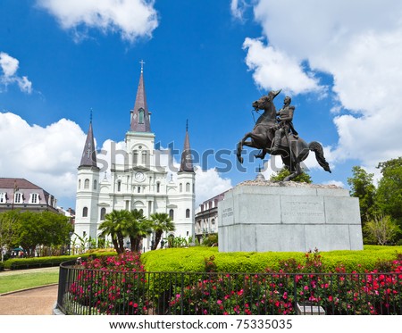Saint Louis Cathedral and statue of Andrew Jackson in the Jackson Square New Orleans