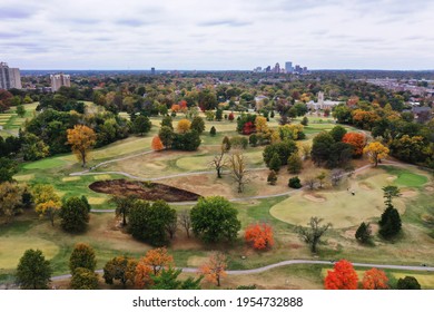 Saint Louis Forest Park During Fall With Red Trees Around The Art Museum