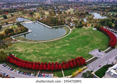 Saint Louis Forest Park During Fall With Red Trees Around The Art Museum