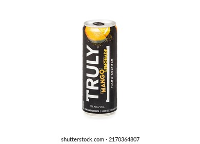 Saint Louis, MO . USA - 06.20.2022: Truly Mango Lemonade Hard Seltzer Beverage . Isolated, Canned Alcohol Products On A White Background.