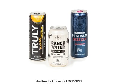 Saint Louis, MO . USA - 06.20.2022: Truly Mango Lemonade Hard Seltzer Beverage . Isolated, Canned Alcohol Products On A White Background.