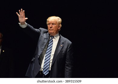Saint Louis, MO, USA - March 11, 2016: Donald Trump salutes supporters at the Peabody Opera House in Downtown Saint Louis
