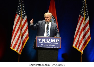Saint Louis, MO, USA - March 11, 2016: Donald Trump shows the thumbs-up to supporters at the Peabody Opera House in Downtown Saint Louis.