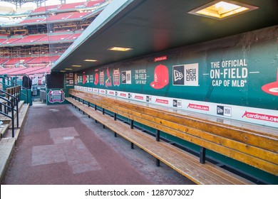 SAINT LOUIS, UNITED STATES - December 16, 2017:  Empty Cardinals Baseball Dugout Bench Ready For Players To Return After Spring Training