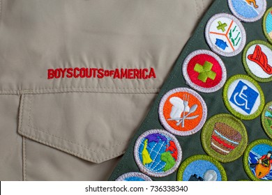 SAINT LOUIS, UNITED STATES - OCTOBER 16, 2017:  Boy Scouts Of America (BSA) Uniform Shirt And Merit Badge Sash