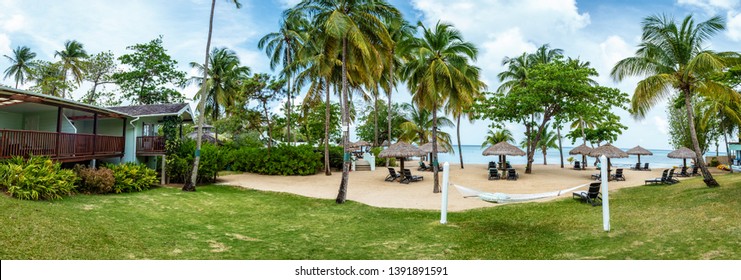 Saint Lucia Caribbean April 2019, Luxury Hotel At Beach Front With Green Cottages East Winds