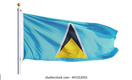 Saint Lucia flag waving on white background, close up, isolated with clipping path mask alpha channel transparency