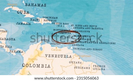 Saint Lucia marked with Red Circle on Realistic Map.
