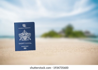 Saint Lucia Passport On The Beach Sand ,Space For Writing	