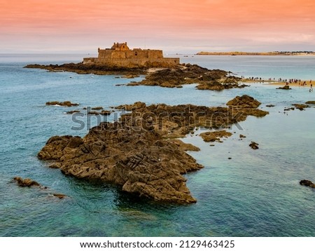 Saint Malo beach, stunning view of Fort National during low tide, Brittany, France
