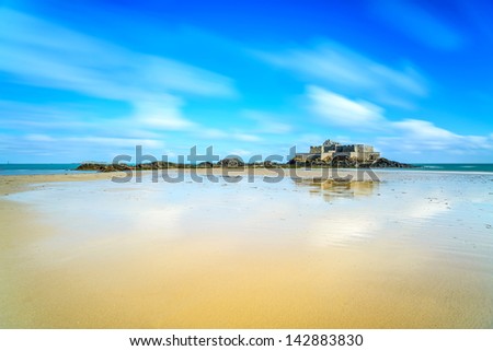 Saint Malo, Fort National and beach during Low Tide. Brittany, France, Europe. Long exposure photography