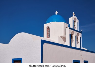 Saint Mark Holy Orthodox Chapel with its Three Bells Tower and Blue Dome - Santorini Island, Greece - Shutterstock ID 2223033489