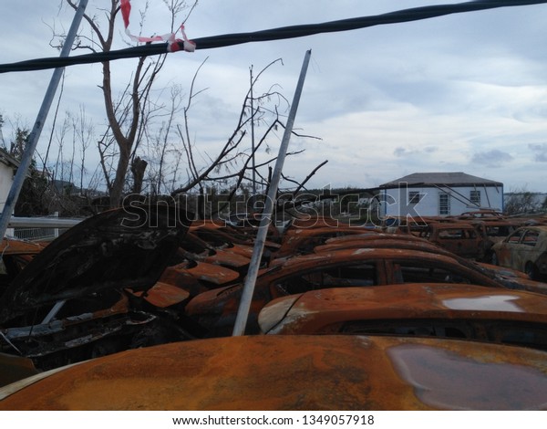 Saint Martin,\
France 11 16 2017 carcass of cars burnt down after hurricane irma \
island of saint martin