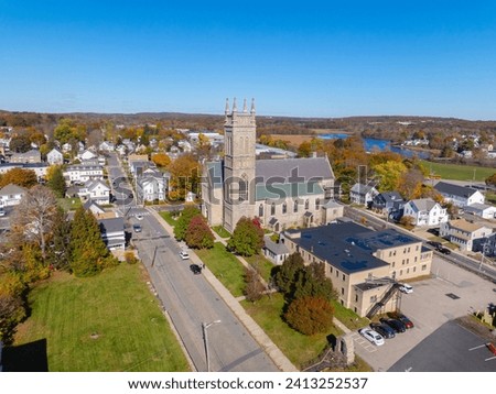 Saint Mary of the Assumption Church aerial view in fall at 17 Winter Street in historic town center of Milford, Massachusetts MA, USA. 