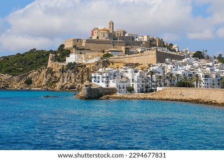 Saint Mary cathedral at the top of the Castle of Eivissa in Dalt Vila, the old city center of Ibiza in the Balearic Islands, Spain - Medieval fortress with whitewashed houses in the Mediterranean Sea