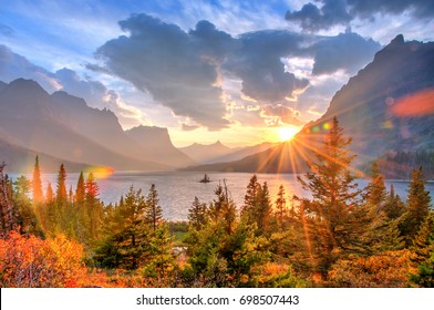 Saint Mary Lake And Wild Goose Island, Glacier National Park, Montana, America