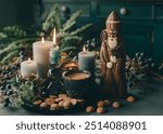 Saint Nicholas chocolate with gifts and cup of coffee on a serving tray with decor. Concept of a quiet cozy festive evening at home