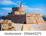 Saint Nicholas Fort guards the Mandraki harbour in Rhodes city, capital of Rhodes island in Greece