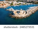 Saint Nicholas Fort at Mandraki port of Rhodes city harbor aerial panoramic view in Rhodes island in Greece