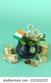  Saint Patrick Holiday. Ireland Flag , Black Bowler Hat With Gold Coins, Bunch Of Clovers 