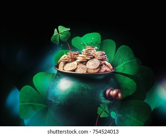 Saint Patricks day background with gold pot and four leaf clovers on a dark background / high contrast image - Powered by Shutterstock