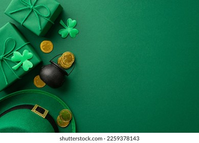 Saint Patrick's Day concept. Top view photo of leprechaun hat gift boxes pot with gold coins and clovers on isolated green background with copyspace - Powered by Shutterstock