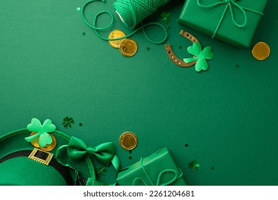 Saint Patrick's Day concept. Top view photo of leprechaun hat present boxes spool of twine gold coins bow-tie horseshoe clovers and confetti on isolated green background with copyspace - Shutterstock ID 2261204681