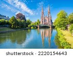 Saint Paul church in Strasbourg canal reflection view, Alsace region of France