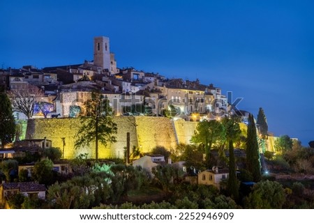 Saint Paul de Vence, France - medieval fortified hilltop town, view from the observation point at dusk