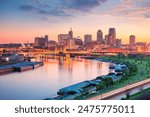 Saint Paul, Minnesota, USA. Aerial cityscape image of downtown St. Paul, Minnesota, USA with reflection of the skyline in Mississippi River at beautiful summer sunset.