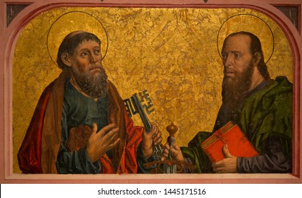 Saint Peter And Saint Paul In A Francisco Gallego Painting At Cathedral Of Samalamanca In Gothic Style From First Part Of 1400. Spain