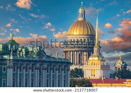 Saint Petersburg attractions. Russian architecture. Winter Palace and Admiralty. Hermitage in Saint Petersburg. Dome St. Isaac's Cathedral. Blue sky in St. Petersburg. Russian Federation attractions