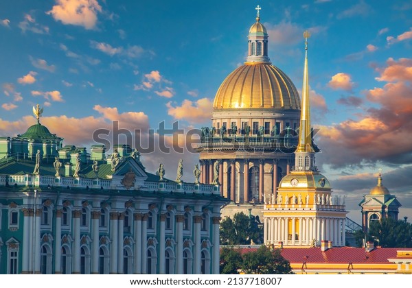 Saint Petersburg attractions. Russian\
architecture. Winter Palace and Admiralty. Hermitage in Saint\
Petersburg. Dome St. Isaac\'s Cathedral. Blue sky in St. Petersburg.\
Russian Federation\
attractions