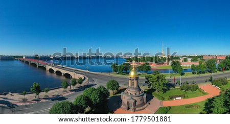 Saint Petersburg bridges. Russia. Trinity bridge. Chapel on Trinity Square. St. Petersburg on a summer day. Trinity bridge view from a quadcopter. Panorama Russian city. Petersburg in summer weather