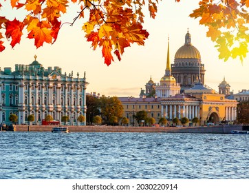 Saint Petersburg Cityscape With St. Isaac's Cathedral, Hermitage Museum And Admiralty In Autumn, Russia