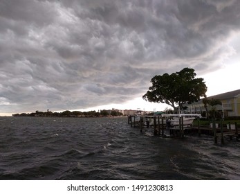 Saint Petersburg, FL, USA - 7/19/2019: Ominous Storm Clouds And Waves Build Over Tampa Bay, Florida. 