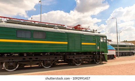 SAINT PETERSBURG - MAY 17, 2018: Green Electric Locomotive Of The Passenger Train At The Exterior Part Of The Museum RZD (Russian Rail Ways)