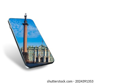 Saint Petersburg In Phone. Sights Of Russia. Palace Square On A Summer Day. Saint Petersburg In Morning. Metaphor Of A Guide To St. Petersburg. Russian Travel Guide App. Russia In Summer.