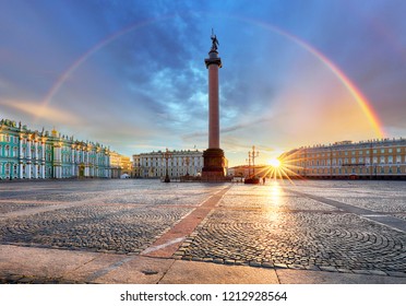 Saint Petersburg With Rainbow Over Winter Palace Square, Russia