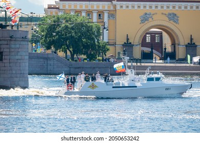 Saint Petersburg Rusia 07 26 2020: Putin At The Naval Festival In The Neva Takes A Parade Of Warships.