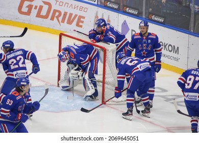 Saint Petersburg, Russia - 04 November 2021: Hockey, KHL 2021-22, SKA V Spartak. The Player Of Hockey Club Nikita Gusev, Alexander Volkov, Kirill Marchenko