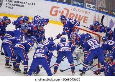 Saint Petersburg, Russia - 04 November 2021: Hockey, KHL 2021-22, SKA V Spartak. The Player Of Hockey Club Nikita Gusev, Alexander Volkov, Kirill Marchenko