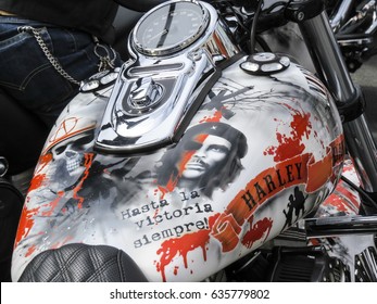 Saint Petersburg,  Russia - 13 August 2016:  Close-up Of The Harley Davidson Motorcycle. The Annual Parade Of Harley Davidson In The Squares And Streets Of St. Petersburg. Ernesto Che Guevara