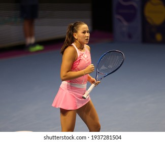 Saint Petersburg, Russia - 15 March 2021: Tennis: Kamilla Rakhimova of Russia seen in action during a match against Daria Mishina of Russia at the St.Petersburg Ladies Trophy 2021 tennis tournament.