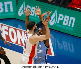 Saint Petersburg, Russia - 17 May 2021:  Basketball. Playoffs VTB United League 2020-2021, BC Zenit - BC CSKA. Basketball Club Player Tornike Shengelia, Will Thomas.